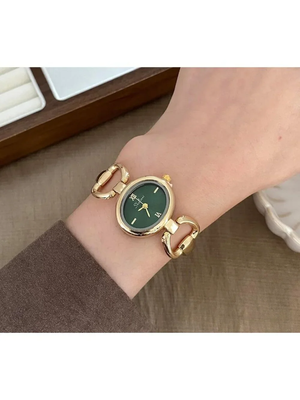 Women's Gold Green Oval Bracelet Minimalist Analog Dress Elegant Wrist Watch